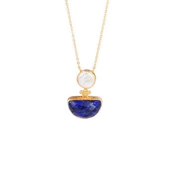 Necklace made from brass, goldplated, Lapislazuli + baroque pearl
